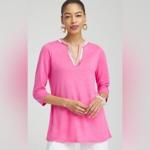 Chico’s Pink Beaded Neck Tunic Top | Size Medium